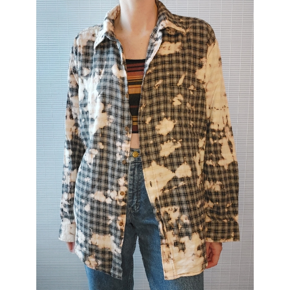 Bleach Dyed Black Gray Plaid Flannel Button Up XL